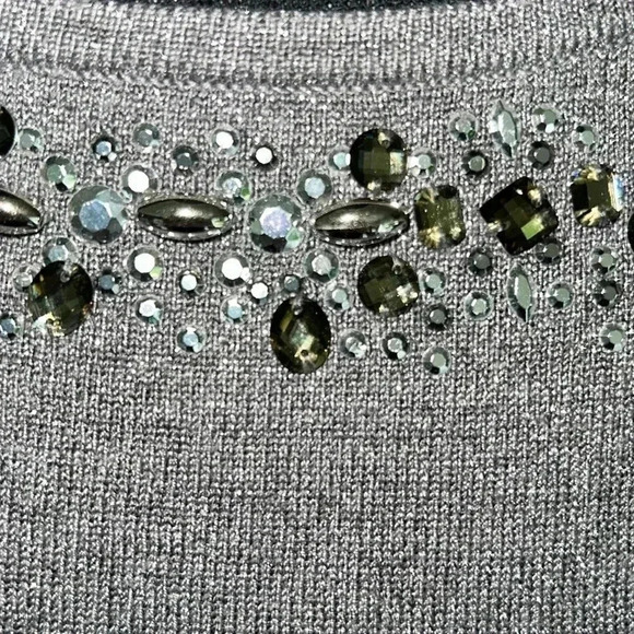 Cache Women’s Gray Spark Silver Sweater Jumper Beaded Rhinestone Accent Collar - Picture 7 of 13
